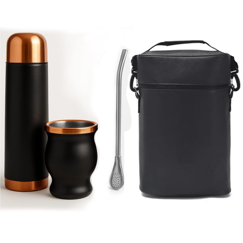 Set De Mate Color Negro/cobre Con Bolso