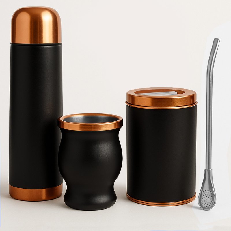 Set De Mate Color Negro/cobre Con Bolso